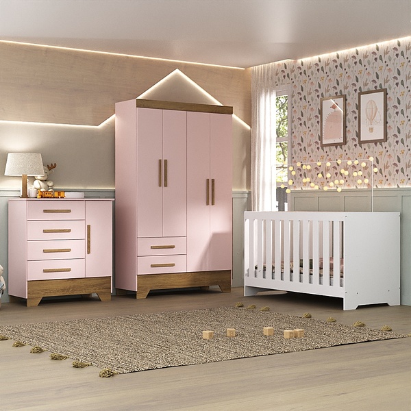 Conjunto Quarto De Bebê Completo Branco/rosa Colorir - Moville