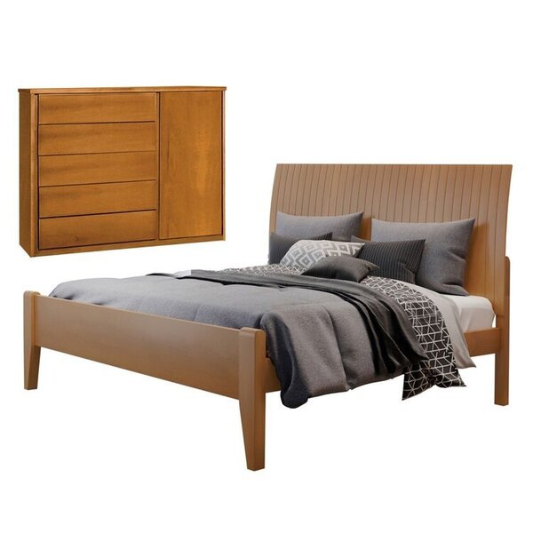 Conjunto Quarto De Casal Cama Em Madeira Maciça E Cômoda 5 Ga