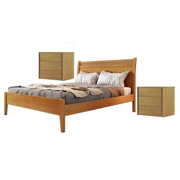 Conjunto Quarto De Casal Cama Em Madeira Maciça Rattan E 2 Me
