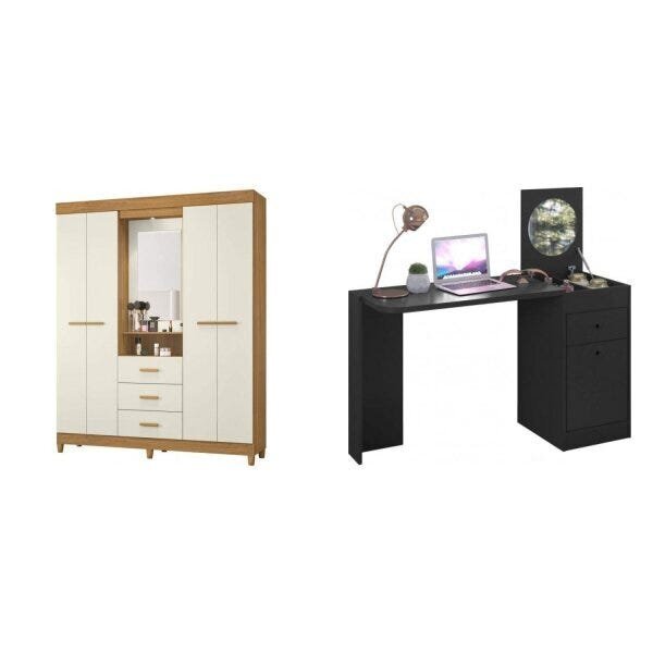 Conjunto Quarto De Casal Guarda-roupa Com Espelho 4 Portas E