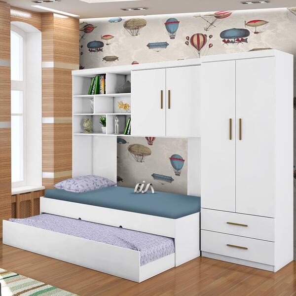 Conjunto Quarto De Solteiro Bicama Guarda Roupa Branco Caio S