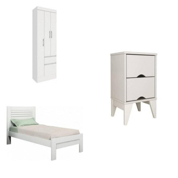 Conjunto Quarto De Solteiro Guarda-roupa 3 Portas Com Cama E