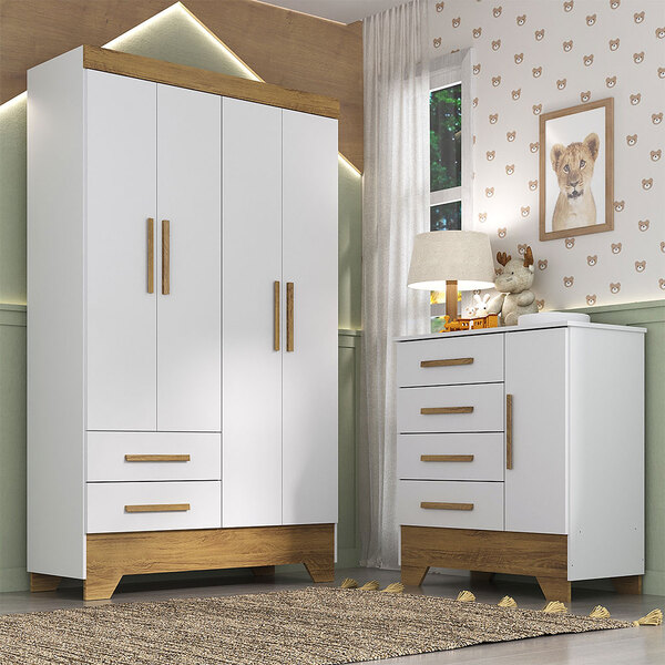 Conjunto Quarto Infantil Colorir Guarda Roupas 4 Portas E Côm