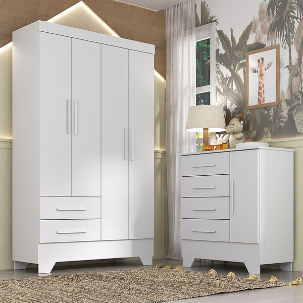 Conjunto Quarto Infantil Colorir Guarda Roupas 4 Portas E Côm