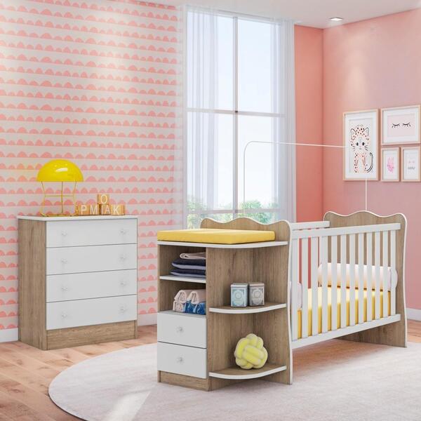 Conjunto Quarto Infantil Cômoda E Berço Summer Carvalho Rústi