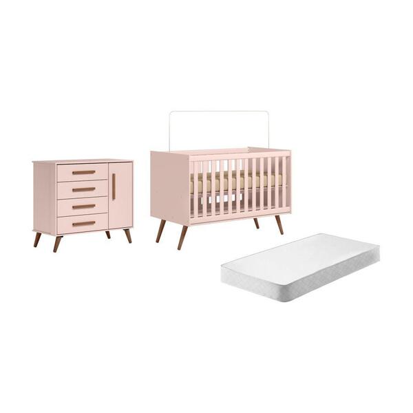Conjunto Quarto Infantil Retro Berço E Comoda Rosa Bogota Com