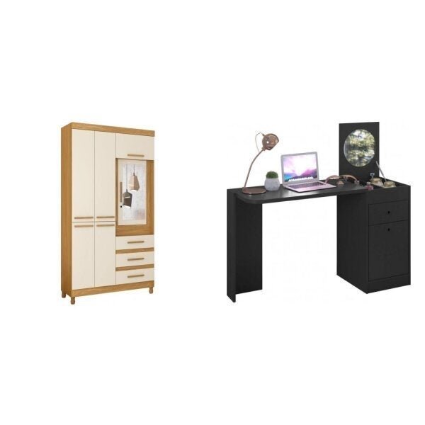 Conjunto Quarto Solteiro Guarda-roupa Com Espelho Fusion E Pe