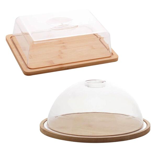 Conjunto Queijeira Redonda E Porta Frios Bambu Com Tampa Plás