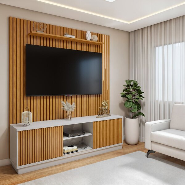 Conjunto Rack Arezzo 180cm Com Painel Ripado Com Led Para Tv