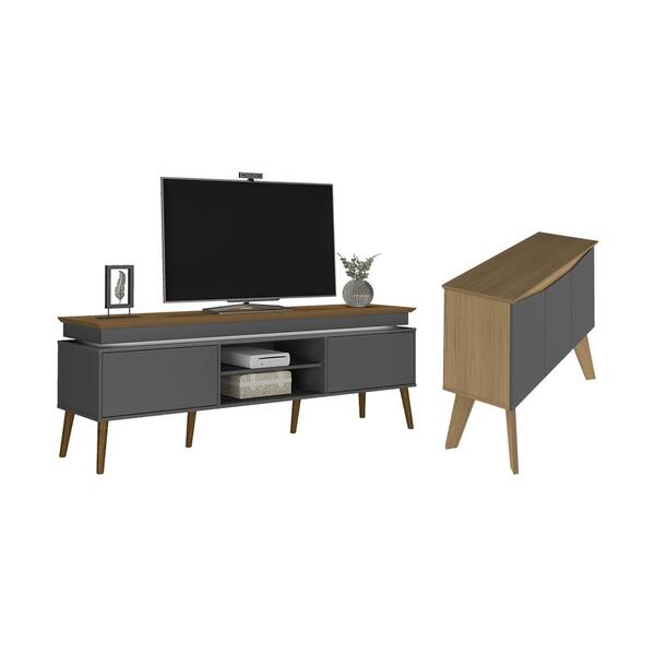 Conjunto Rack E Buffet Queanbeyan Carvalho Grafite