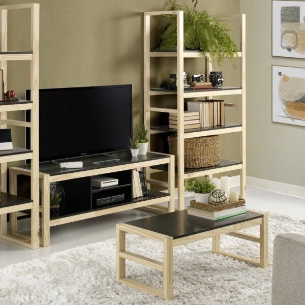 Conjunto Rack, Mesa De Centro E Estante Organizadora Madeira