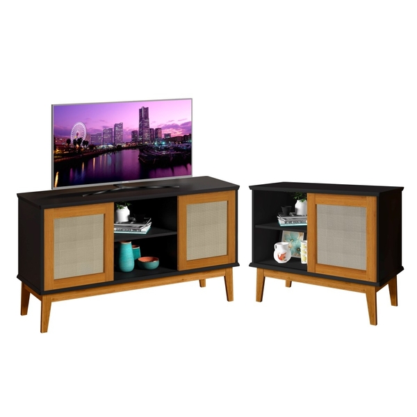 Conjunto Rack Para Tv 2 Portas E Aparador 1 Porta Preto Madei