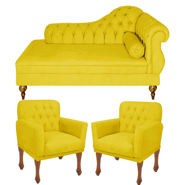 Conjunto Recamier Divã Chesterfield Cancun + 2 Poltrona Bia P