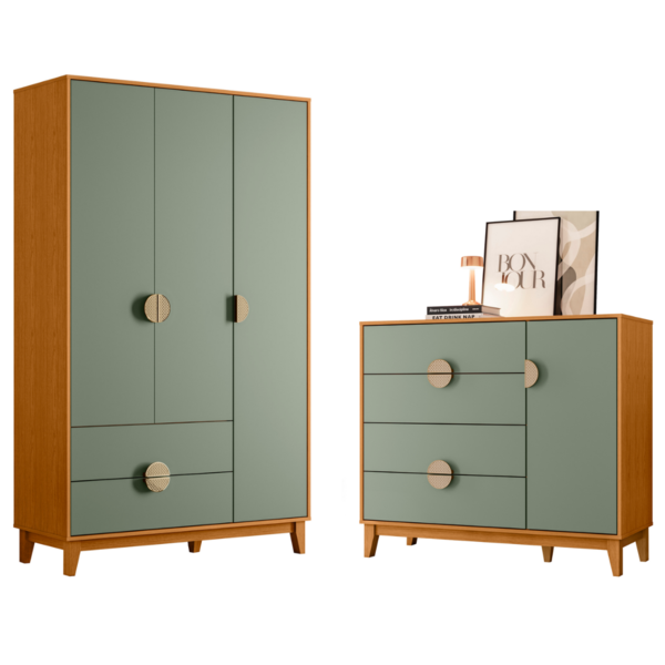 Conjunto Roupeiro E Cômoda Sapateira Cafeara Cinamomo Sálvia