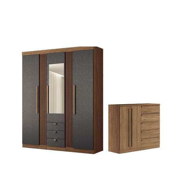 Conjunto Roupeiro Espelho E Cômoda Joey Jatoba Grafite