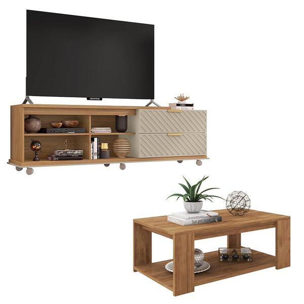 Conjunto Sala De Estar Bancada Mesa Marrom Harmony Caemmun