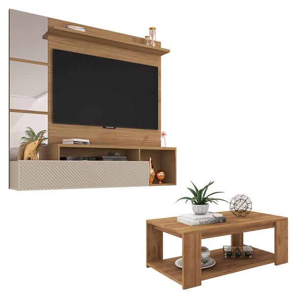 Conjunto Sala De Estar Painel Mesa Marrom Inbox Caemmun