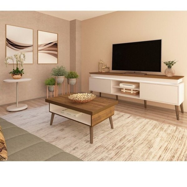 Conjunto Sala De Estar Rack Para Tv Até 75 Pol Com Led E Mesa