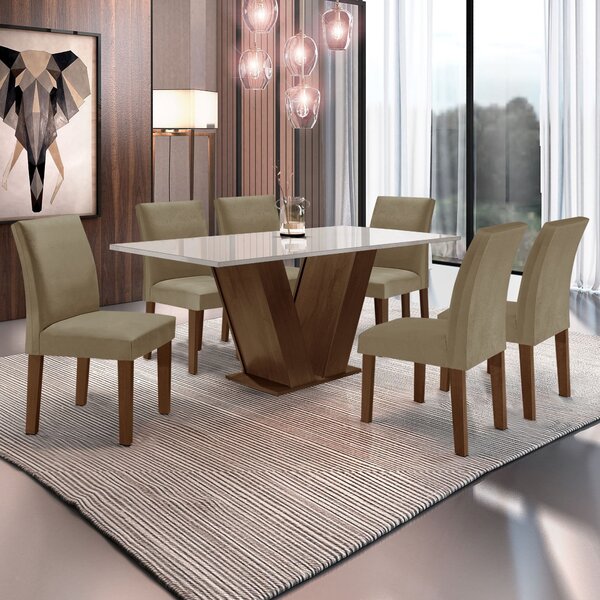 Conjunto Sala De Jantar 1 Mesa 160x80cm Tampo Mdf/vidro 6 Cad