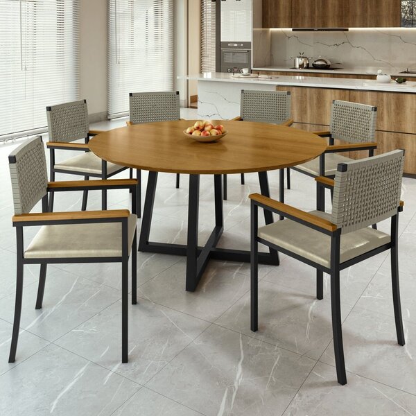 Conjunto Sala De Jantar 6 Lugares Redonda 150cm Tampo Mdf Mes