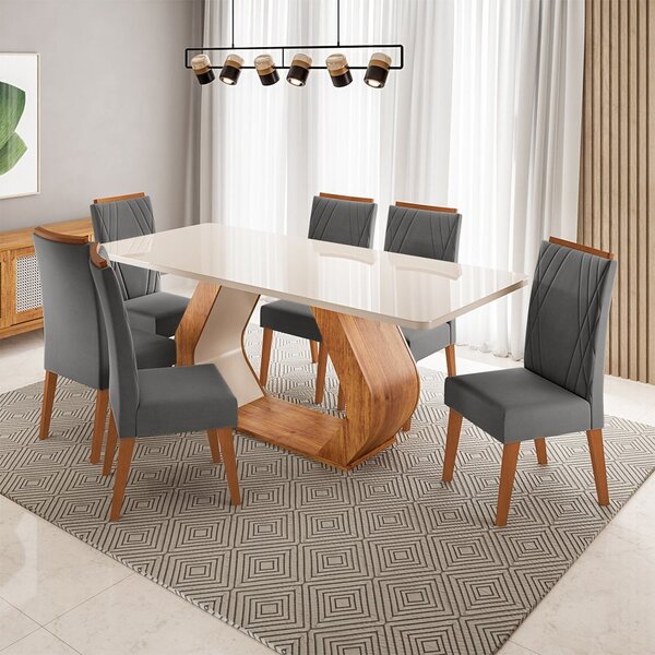 Conjunto Sala De Jantar 6 Lugares Retangular Tampo De Vidro E