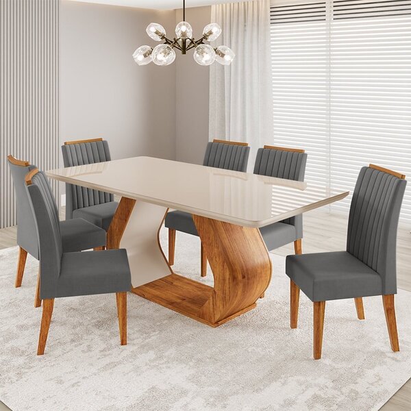 Conjunto Sala De Jantar 6 Lugares Retangular Tampo De Vidro E