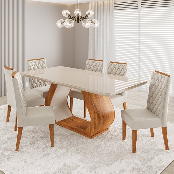 Conjunto Sala De Jantar 6 Lugares Retangular Tampo De Vidro E