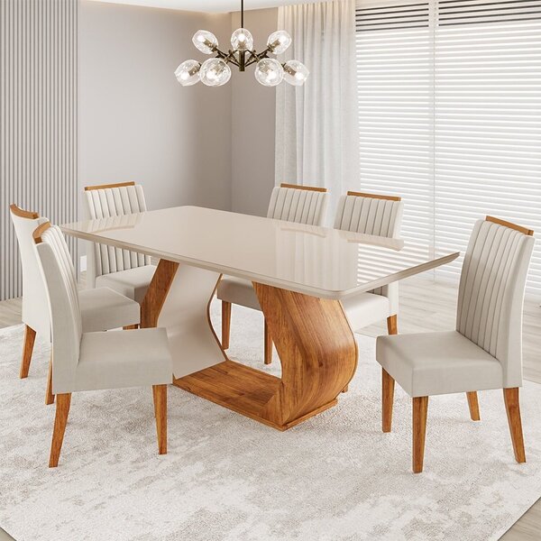 Conjunto Sala De Jantar 6 Lugares Retangular Tampo De Vidro E