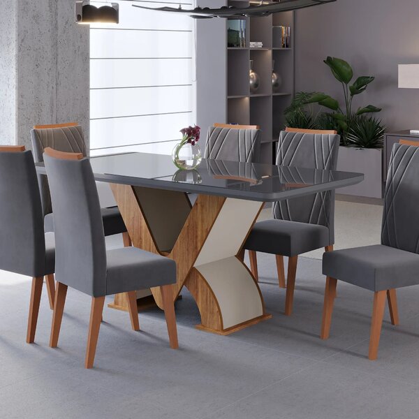 Conjunto Sala De Jantar 6 Lugares Retangular Tampo De Vidro V