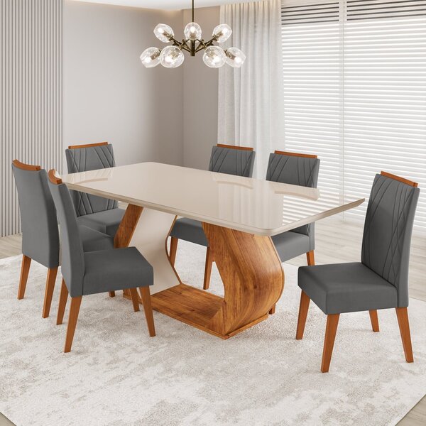 Conjunto Sala De Jantar 6 Lugares Retangular Tampo Em Vidro E