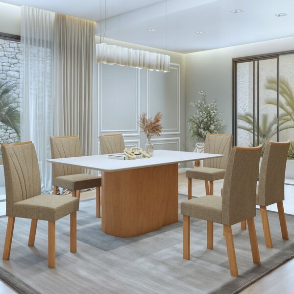 Conjunto Sala De Jantar 6 Lugares Retangular Tampo Mdf Mesa L