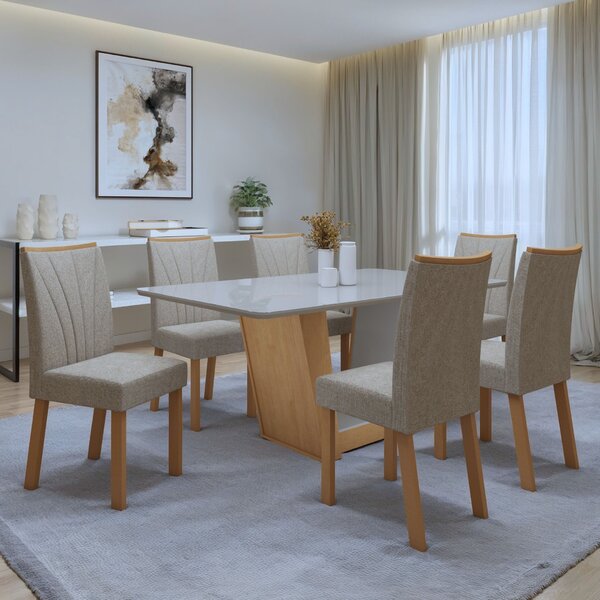 Conjunto Sala De Jantar 6 Lugares Retangular Tampo Vidro/mdf