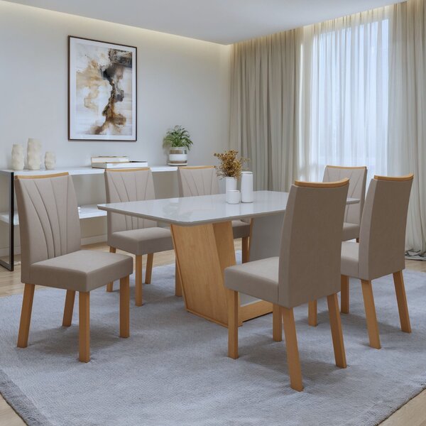 Conjunto Sala De Jantar 6 Lugares Retangular Tampo Vidro/mdf