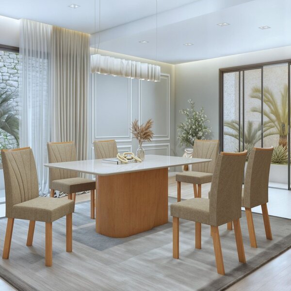 Conjunto Sala De Jantar 6 Lugares Retangular Tampo Vidro/mdf