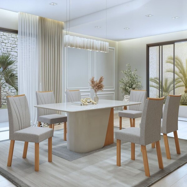 Conjunto Sala De Jantar 6 Lugares Retangular Tampo Vidro/mdf