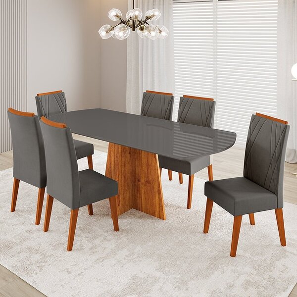 Conjunto Sala De Jantar 6 Lugares Tampo Barril De Vidro/mdf S