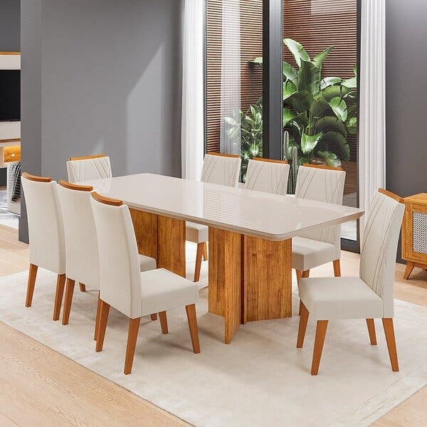 Conjunto Sala De Jantar 8 Lugares Retangular Tampo De Vidro Mdf Chelsea ...