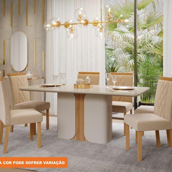 Conjunto Sala De Jantar Charlote 180x90 Tampo Mdf/vidro 6 Cad