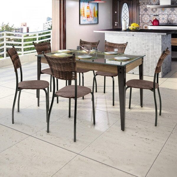 Conjunto Sala De Jantar Espanha Com 6 Cadeiras Em Aço Tampo D