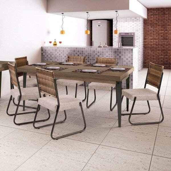 Conjunto Sala De Jantar Espanha Com 6 Cadeiras Em Aço Tampo M