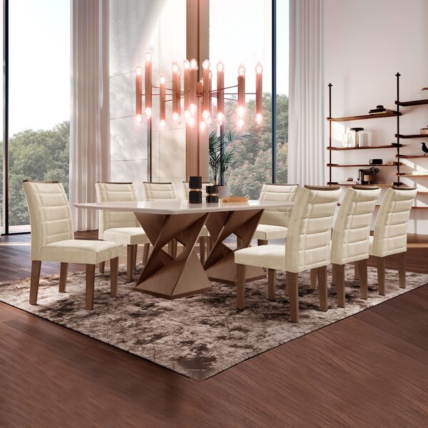 Conjunto Sala De Jantar Genova Tampo Vidro/mdf Com 8 Cadeiras