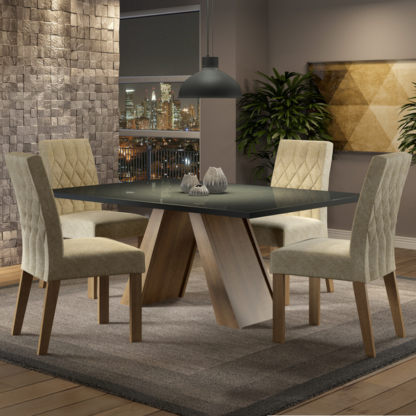 Conjunto Sala De Jantar Madesa Erica Mesa Tampo De Vidro Com