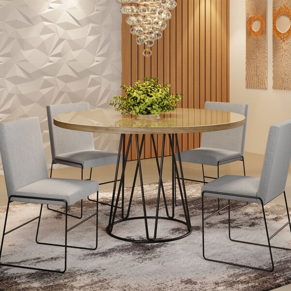 Conjunto Sala De Jantar Mesa 04 Cadeiras E Vidro Dubai Linho