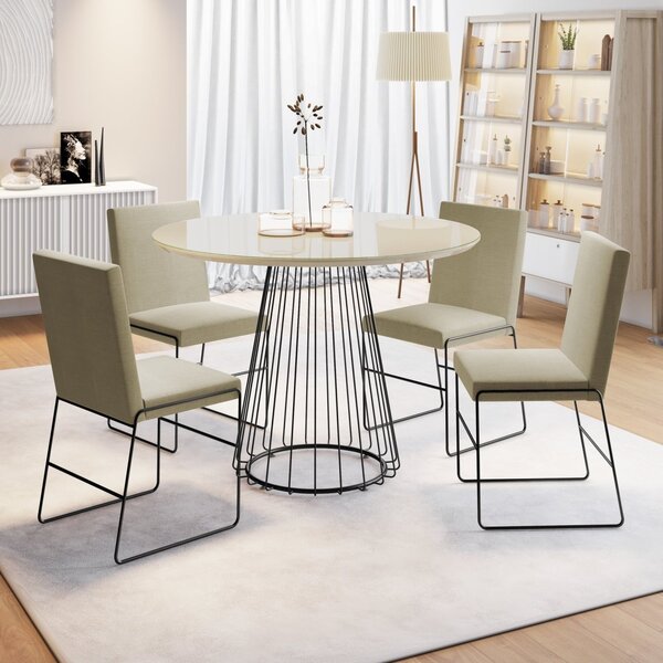 Conjunto Sala De Jantar Mesa 110cm Tampo Mdf Laqueado/vidro C