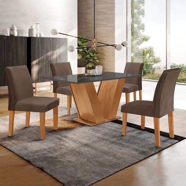 Conjunto Sala De Jantar Mesa 120x80cm Tampo Mdf/vidro Com 4 C