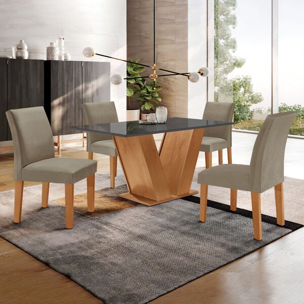 Conjunto Sala De Jantar Mesa 120x80cm Tampo Mdf/vidro Com 4 C