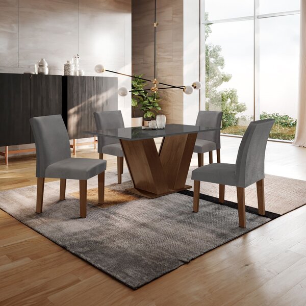 Conjunto Sala De Jantar Mesa 120x80cm Tampo Mdf/vidro Com 4 C