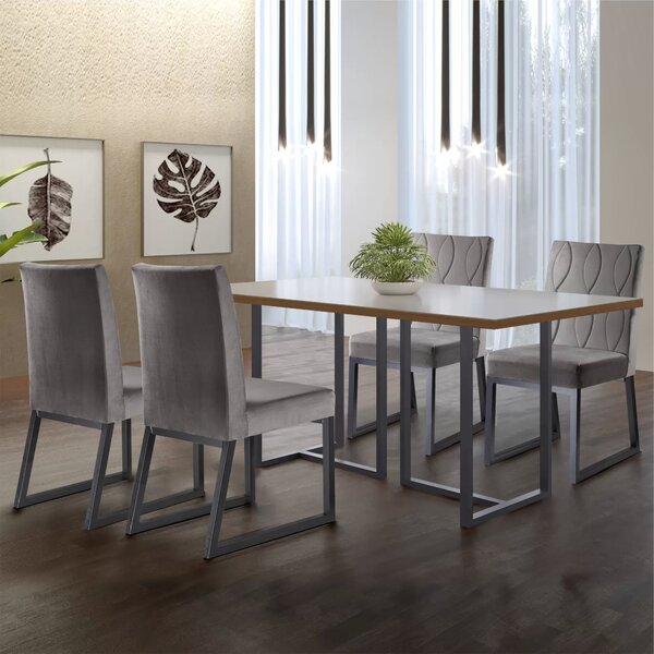 Conjunto Sala De Jantar Mesa 135cm Tampo Mdf Vidro 4 Cadeiras