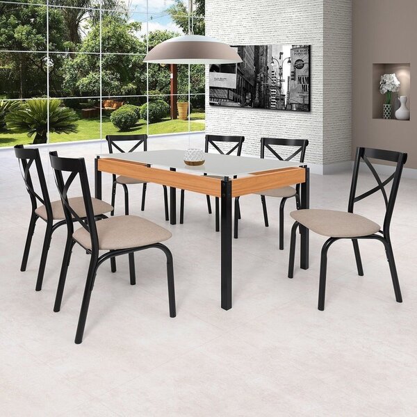 Conjunto Sala De Jantar Mesa 140cm X 77cm Tampo Vidro Com 6 C