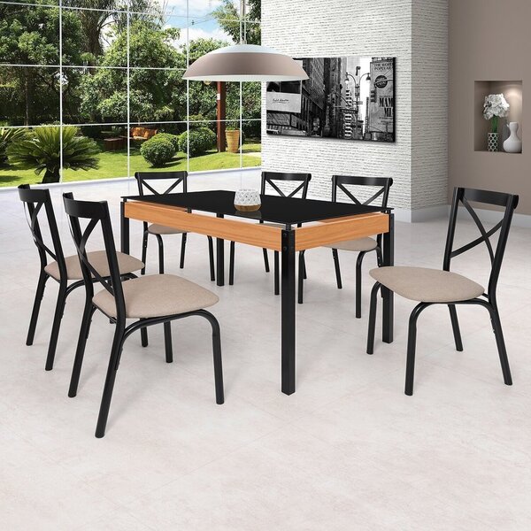 Conjunto Sala De Jantar Mesa 140cm X 77cm Tampo Vidro Com 6 C
